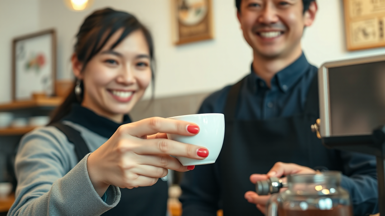 カフェのカウンターで接客する日本人スタッフ
