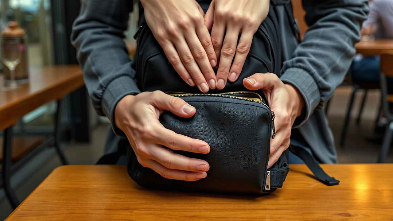 カフェで荷物を手元に引き寄せて管理する様子