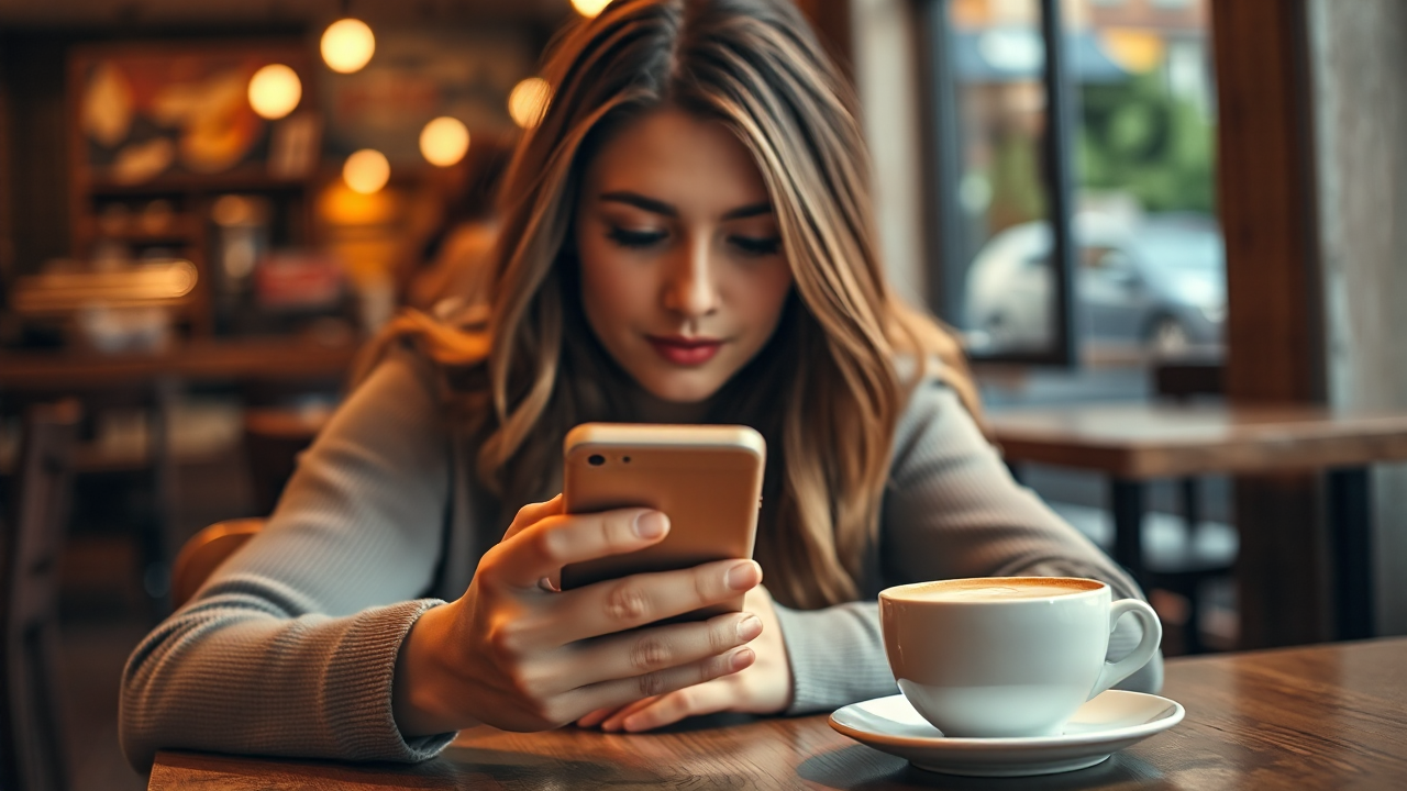 カフェのWi-Fiを使ってスマホを操作する様子