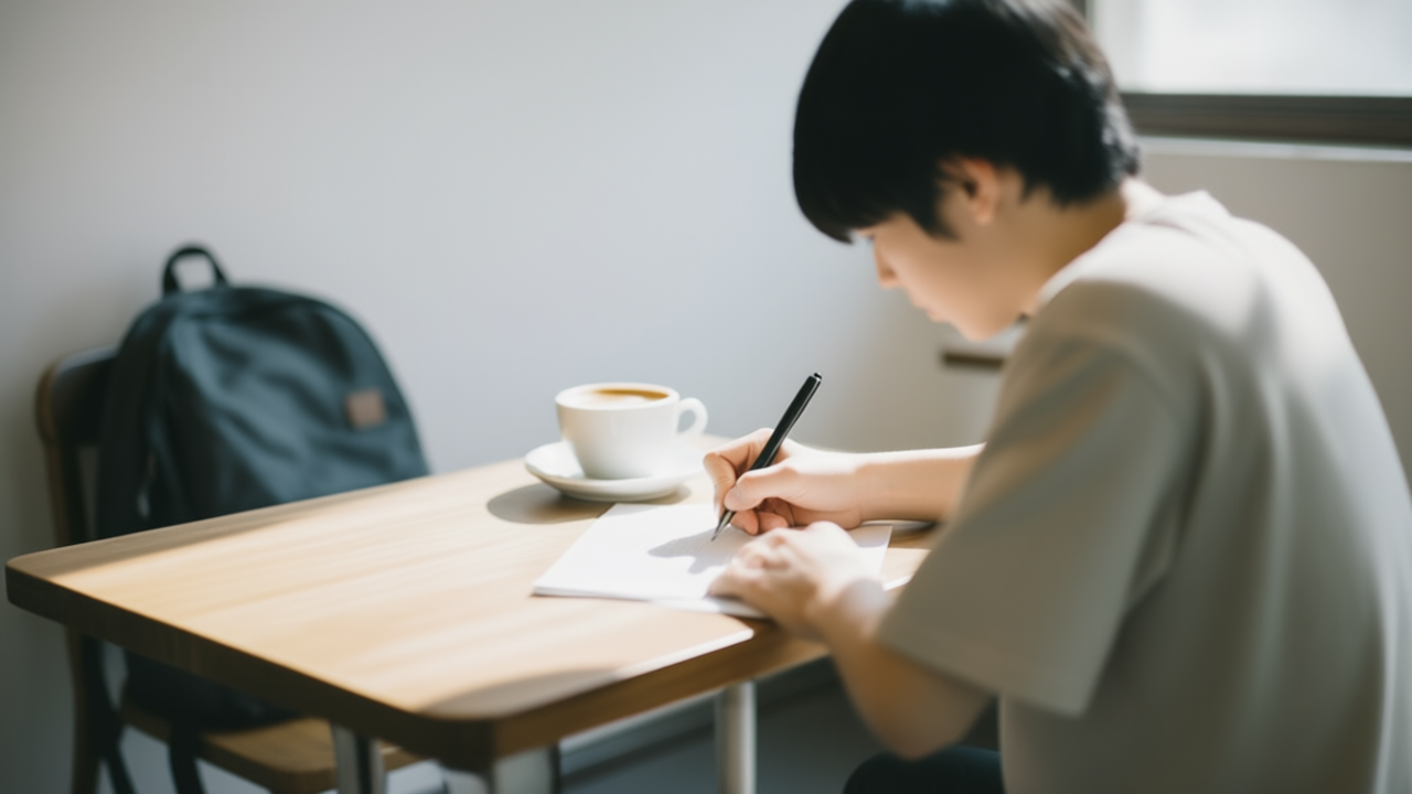 カナダの街並みと山を背景に立つ日本人の若い旅行者